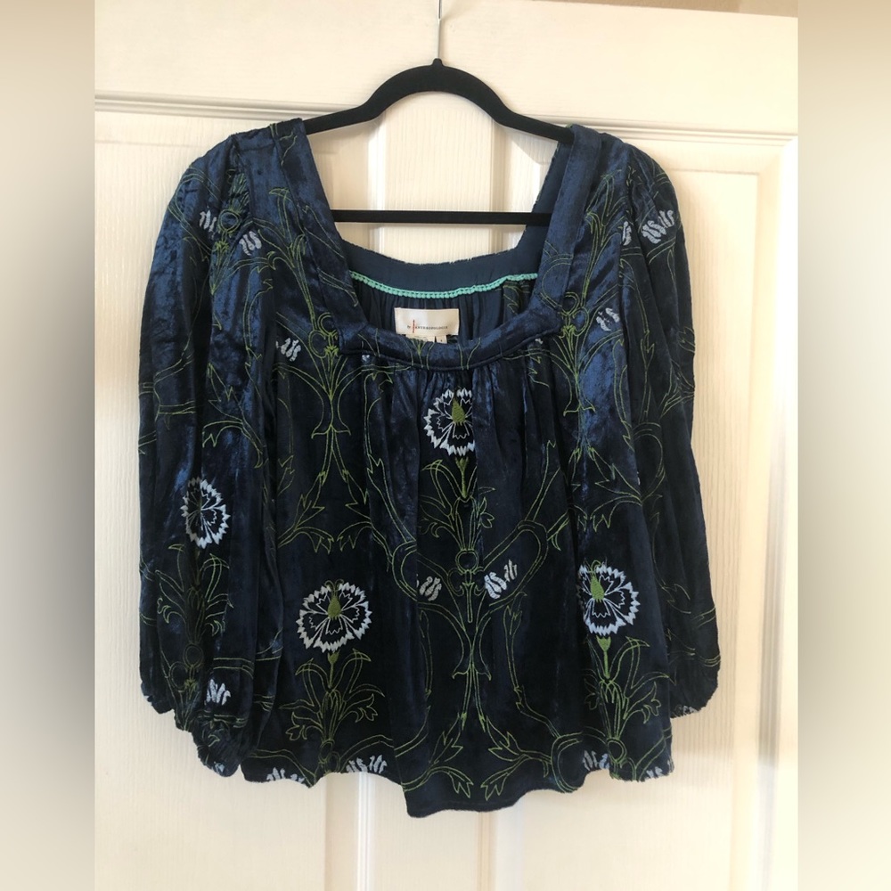 Anthropologie navy velvet embroidered blouse. NWT